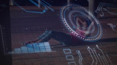 Açık hava güvertesinde mekik çeken bir kadın HUD ve yükselen bar çizelgesi analizlerini gösteriyor. Fitness, digital, technology, health, wellness, modern, active