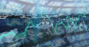 Kayalık kıyı şeridini alçak gelgitte kaplayan finans hattı grafikleri, turkuaz ve cyan eğilimleri gösteriyor. Sahil, gelgitler, kayalar, okyanus, görselleştirmeler, veriler, analizler