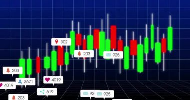 Izgara zemininde 3 boyutlu şamdan şeması üzerinde yüzen numaralandırılmış simgeler olan yeşil kırmızı çubukları gösteriyor. Finans, ticaret, analitik, görselleştirme, teknoloji, veri, yatırım
