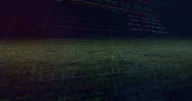 Finans analisti, saydam çizgi grafiği ve stok veri tablosuyla çimenli alan verilerini inceliyor. Teknoloji, finans, veri görselleştirme, analitik, dijital, yatırım, fütürist