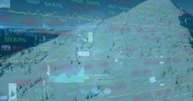 Karlı dağ yamacında yüzen saydam borsa grafikleri düz tasarım grafiklerini gösteriyor. Futuristik, finansal, soyut, manzaralı, analitik, minimalist, yatırım