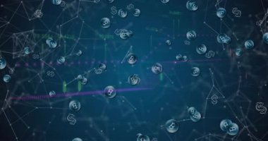 Düz dizayn Bitcoin ve dolar küreleri mavi ağ örgüsü boyunca sürükleniyor, saatleri ortaya çıkarıyor. Teknoloji, finans, engelleme zinciri, yenilik, dijital, veri, güvenlik