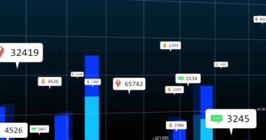 Büyük veri işaretleyicisi 98075, koyu şebeke haritasında yükseliyor, kırmızı raptiyeler, mavi çizgi grafiği gösteriyor. Veri görselleştirme, analitik, gösterge paneli, bilgi, teknoloji, dijital, içgörü