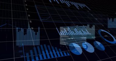 Siyah ızgaranın üzerinde yüzen koyu 3D analiz paneli şeffaf çubuklar, veri çizgileri, pasta grafikleri gösteriyor. Fütüristik, veri görselleştirme, teknoloji, dijital arayüz, soyut, yenilik, parlak