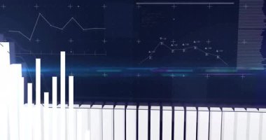 Beyaz 3D çubuklar şebekeye yükselirken neon mavi işaret fişeği ile çizgi grafiği de çapraz gölgelerde sallanıyor. Gelecek, teknoloji, veri, görselleştirme, arayüz, dijital, analitik