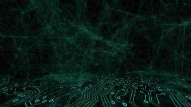 Karanlık sahnede parlayan neon yeşil dijital ağ örgüsü birbirine bağlı devre izleri oluşturuyor. Gelecek, teknoloji, bağlantı, siber, dijital, soyut, yenilik