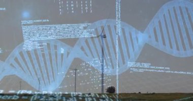 Otlağı kaplayan dijital sarmal, düzlükte dönen rüzgar türbinleri ile kodları örtüyor. Yenilenebilir, sürdürülebilirlik, teknoloji, gelecekçilik, yenilik, çevre, çevre dostu