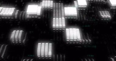 Koyu şebeke tabanı üzerinde parlayan beyaz paneller, yarısaydam ikili rakamları 3 boyutlu görüntüleme. Gelecekçi, siber uzay, teknoloji, dijital, sanal, veri, yenilik