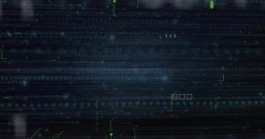 Donanma düz arayüzü boyunca akan ikili kod parlayan noktaları ve matris simgelerini gösteriyor. Teknoloji, veri, siber güvenlik, dijital, fütüristik, yenilik, ağ