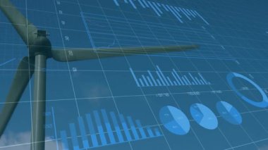 Rüzgar türbini düz tasarımda dönüyor, grafik ve verilerle dijital örtüşmeleri gösteriyor. Yenilenebilir enerji, sürdürülebilirlik, teknoloji, yenilik, bilgi, çevre, temiz güç