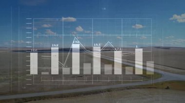 Kırsal alanda görselleştirilen şeffaf bar tablosu beyaz çizgi zirvelerini gösteriyor. Gelecekçi, analitik, minimalist, teknoloji, manzara, veri, görselleştirme