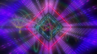 Parlayan kırmızı çubuklar ve noktalı mavi diziler ile dijital uzayda neon elmas deseni canlandırılıyor. Fütürist, neon, soyut, geometrik, teknoloji, aydınlatma, canlı