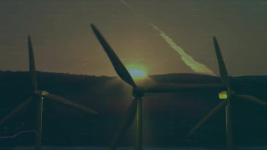 Rüzgar türbinleri gün batımında sırtta dönüyor. Düz dizayn, yükselen şamdan şemasını gösteriyor. Yenilenebilir, sürdürülebilirlik, teknoloji, manzara, enerji, çevre, büyüme