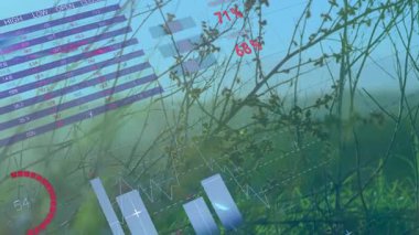 Düz tasarım veri grafikleri, çim alanını kuleyle çevreleyen pasta grafiği ve çubuk grafiğini gösteriyor. Bilgi grafikleri, analitikler, görselleştirme, veri, teknoloji, açık hava, ekolojik