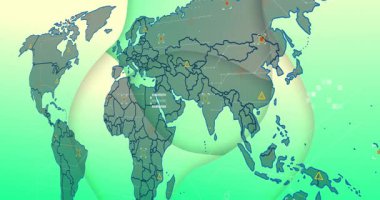 Düz tasarım dünya haritasında küresel veri akışı, renk çemberleri üçgenlerinin büyülerin karesini gösteriyor. Coğrafi, analitik, modern, geleceksel, teknoloji, görselleştirme, zeka