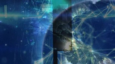 Ağ görselleştirmesi altıgen kaplamayı gösteriyor, parlayan düğümler, ışık yolları, karanlık küre. Fütürist, dijital, soyut, siber, bağlantı, teknoloji, aydınlık