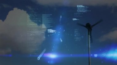 Derin mavi gökyüzünde dönen rüzgar türbini kod parçacıkları ve veri şebekeleriyle arayüzü gösteriyor. Yenilenebilir enerji, geleceksel, dijital arayüz, sürdürülebilir, teknoloji, çevre dostu, temiz güç