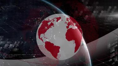 Teknoloji şebeke sahnesinde yarı saydam dönen dünya, kırmızı kıtaları ve uğursuzluk desenlerini vurguluyor. Dijital, fütüristik, soyut, yenilik, veri, görselleştirme, teknoloji
