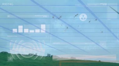 Yeşil yamaçta dönen beyaz rüzgar türbini kulesi şeffaf HUD şebekeleri ve şebekeleri gösteriyor. Yenilenebilir, teknoloji, analitik, sürdürülebilirlik, çevre dostu, gelecekçi, çevresel