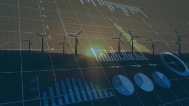 Günbatımı rüzgar türbinleri 3 boyutlu ızgara ve grafik ve grafikleri gösteren veri örtüsüyle görselleştiriliyor. Yenilenebilir, sürdürülebilirlik, teknoloji, açık hava, soyut, bilgi, fütüristik