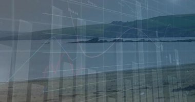 Sahil sahili, yüzen şamdanları, ızgara hatlarını ve düz dizayn edilmiş çizgi grafiklerini gösteriyor. Deniz manzarası, finans, analitik, dijital, modern, teknoloji, yatırım