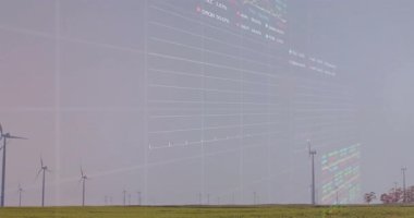 Rüzgâr türbinleri çimenli ovalarda hareketlendiriliyor. Hayalet finansal haritalar ve kalp atışları gösteriliyor. Yenilenebilir, sürdürülebilirlik, yenilik, teknoloji, çevre, açık hava, fütürist