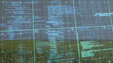 Kırsal çayırların üzerinde yüzen dijital kod, turkuaz ızgara hatlarını, UI kontrol etiketlerini gösteriyor. Futuristik, teknolojik, dingin, arayüz, manzara, yenilik, minimalizm