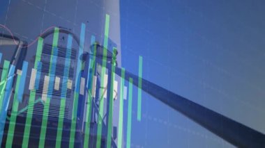 Kontrol odasında fabrika verilerini gösteren dijital kontrol paneli, bar çizelgesi eğilimi ile birlikte. Teknoloji, analitik, sanayi, veri görselleştirme, makine, otomasyon, mühendislik