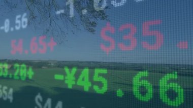 Finansal kalp sayıları kırsal alanda kayıyor, piksel şebekesini yeşil alanlarla birleştiriyor. Doğa, tarım, dijital, teknoloji, manzara, yenilik, kırsal
