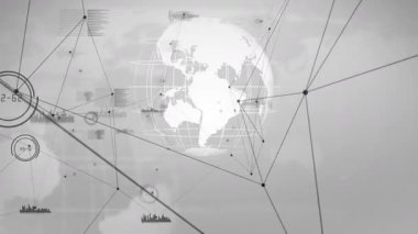 Dijital arayüzde dönen 3D küre, veri düğümleri ve çubuk grafikleriyle ızgara örtülerini gösteriyor. Teknoloji, veri görselleştirme, yenilik, analitik, fütürizm, ağ, dijital