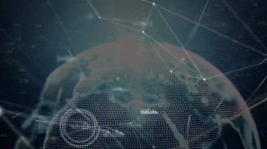 Noktalı 3 boyutlu küre, dijital arayüzde yüzen parlayan çizgiler halinde parlıyor. Futuristik, teknoloji, veri görselleştirme, ağ, soyut, arayüz, dijital