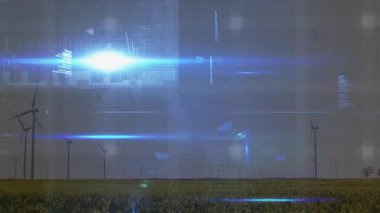 Rüzgar türbinleri, dijital ızgara ve holografik kodlarla gündoğumu çimenlik alanda görselleştiriliyor. Sürdürülebilirlik, yenilenebilirlik, gelecek, dijital, enerji, teknoloji, çevre