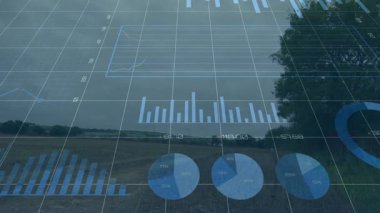 Sayısal veriler kırsal alanda akarak çizgi grafiği grafik çubuğu simgelerini gösterir. Analizler, kırsal, görselleştirme, ekoloji, sürdürülebilirlik, teknoloji, veri