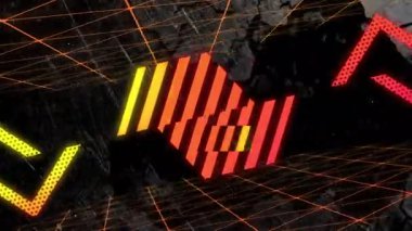 Kırmızı-turuncu daire dönen merkez parlayan kılavuz çizgileri animasyon kenarları, zebra çizgili trapezoid hareketi. Fütürist, dijital, soyut, geometrik, neon, teknoloji, canlı