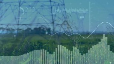 Kırsal alanda görselleştirilen çelik güç kuleleri, dalga biçimi grafikleri ve bar çizelgeleri gösteriyor. Sanayi, enerji, altyapı, dijital, veri, görselleştirme, teknik