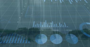 Tahta kaldırımlı yürüyüş yolu kumul sahnesini kesiyor, 3 boyutlu ızgara grafiğini turta ve trend çizgileriyle gösteriyor. Sahil, manzara, veri görselleştirme, analitik, doğa, arazi, teknoloji