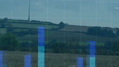 Rüzgar türbini yeşil tepelerde güç üretiyor, dünya haritası ızgaralarını ve dalgalı çizgi grafiklerini gösteriyor. Yenilenebilir enerji, sürdürülebilirlik, teknoloji, yenilik, çevre, veri görselleştirme, doğa