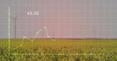 Çiçek açan alanın üzerinde yükselen rüzgar türbinleri parlayan veri grafiğiyle neon yeşil ızgara örtüsünü gösteriyor. Yenilenebilir, sürdürülebilir, enerji, yeşil, teknoloji, açık hava, manzara
