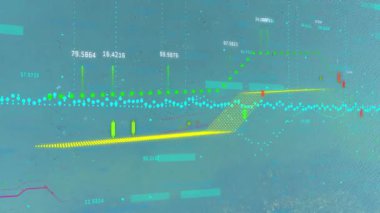 Kapalı deniz mavisi zemininde sergilenen dijital finansal veriler şamdanı ve çizgi grafiğini gösteriyor. Gelecekçi, analitik, teknoloji, veri, arayüz, görselleştirme, dijital