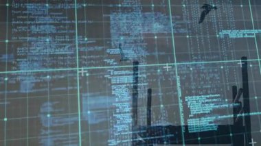 Parlak ızgara çizgileri kod parçalarının üzerinde yüzüyor karanlık gökyüzünün altında yükselen metal borular kesişiyor. Fütürist, siber punk, teknolojik, dijital, kentsel, soyut, karamsar