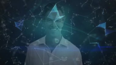 Erkek teknolojisi profesyonel ağ keşfi, parlayan holografik dünya ve veri düğümlerini gösteriyor. Gelecek, teknoloji, ağ, dijital, yenilik, sanal, bağlantı