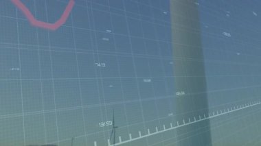 Rüzgar türbini bıçağı ve kule mavi ızgarada görüntüleniyor, kırmızı çizgi verileri gösteriliyor. Yenilenebilir, teknoloji, analitik, gelecek, sürdürülebilirlik, veri görselleştirme, dijital arayüz