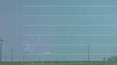 Rüzgar enerjisi grafikleri, türbinlerle birlikte alan boyunca akıyor. Şebeke düz tasarımda yüzde etiketleri gösteriyor. Yenilenebilir, sürdürülebilirlik, teknoloji, veri görselleştirme, çevre dostu, çevre, melez