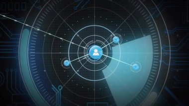 Teknoloji arayüzündeki mavi sohbet baloncukları ve veri noktalarına bağlanan merkezi kullanıcı düğümü. Teknoloji, dijital, ağ, geleceksel, arayüz, veri, iletişim