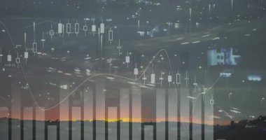 Geceleri otobanı kaplayan mali veri görselleştirmesi şamdanları ve trend çizgilerini gösteriyor. Dijital, analitik, neon, modern, teknoloji, finans, kentsel