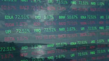 Hisse senedi şebekesi körfez suları üzerinde yüzdeleri gösteriyor, düz tasarım veri örtüsünü gösteriyor. Gelecek, teknoloji, veri, finans, manzara, açık hava, yansıtıcı