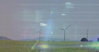 Kırsal ovada dönen rüzgar türbinleri kod parçacıklarıyla kırmızı ve mavi çizgi çizelgelerini gösteriyor. Yenilenebilir enerji, teknoloji, sürdürülebilirlik, veri görselleştirme, dijital analitik, çevre koruma, modern altyapı