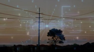 Dijital güç ağı, alacakaranlık manzarasında, iletim kulesi ve parlayan düğümlerle görselleştiriliyor. Teknoloji, altyapı, bağlantı, enerji, yenilik, fütürizm, iletişim