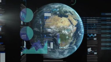 Üç boyutlu Dünya küresi, UI 'nin karanlık verilerinde yüzüyor, çoklu grafikler, göstergeler, mavi veri panelleri gösteriyor. Fütüristik, teknoloji, analitik, görselleştirme, dijital, soyut, yenilik