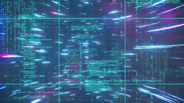 Sanal arayüzde canlandırılan neon dijital ızgara, titreşim düğümlerini ve yüzen kodları gösteriyor. Gelecek, teknoloji, hareket, görselleştirme, soyut, sibernetik, dijital